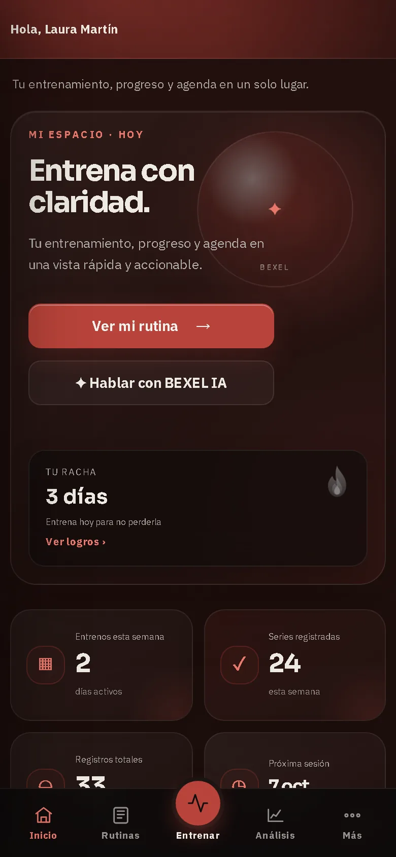 Pantalla de inicio del cliente en el móvil con su racha y su rutina